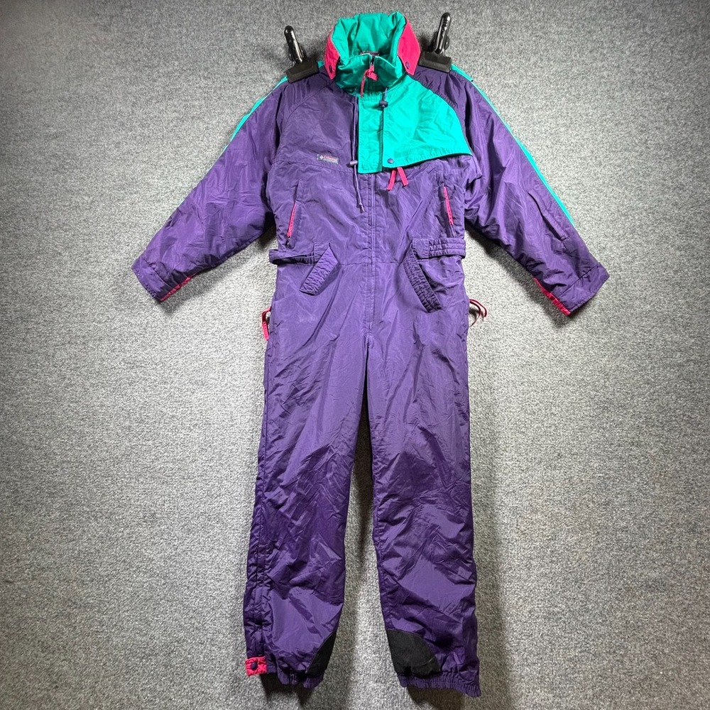 Vintage Columbia One Piece Ski Suit Men Small Purple Teal Radial Sleeve Snowsuit
